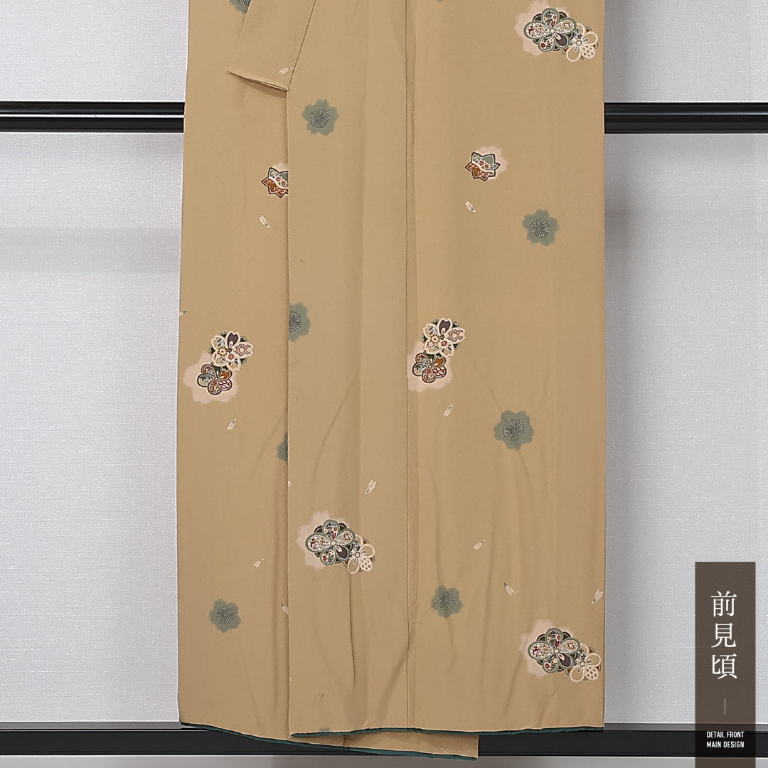 小紋 袷 身丈151cm 裄丈65cm 正絹 Sランク インフォーマル バチ衿 Sサイズ 花柄 黄系 RP 1221-12389
