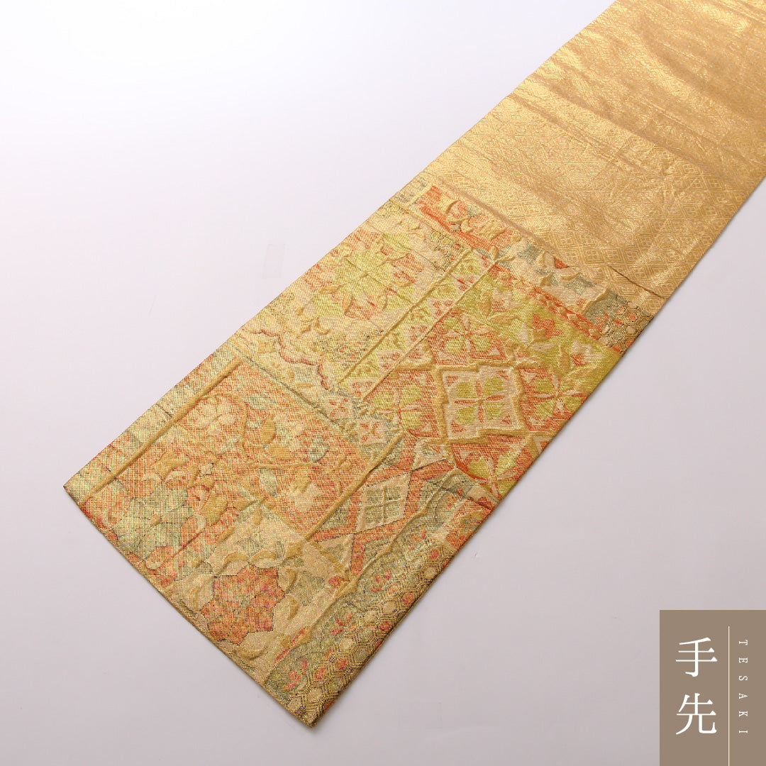 袋帯 帯丈424cm 正絹 六通 フォーマル 佐賀錦 ふくれ織 唐草華文 古典柄 朱系 1243-01669