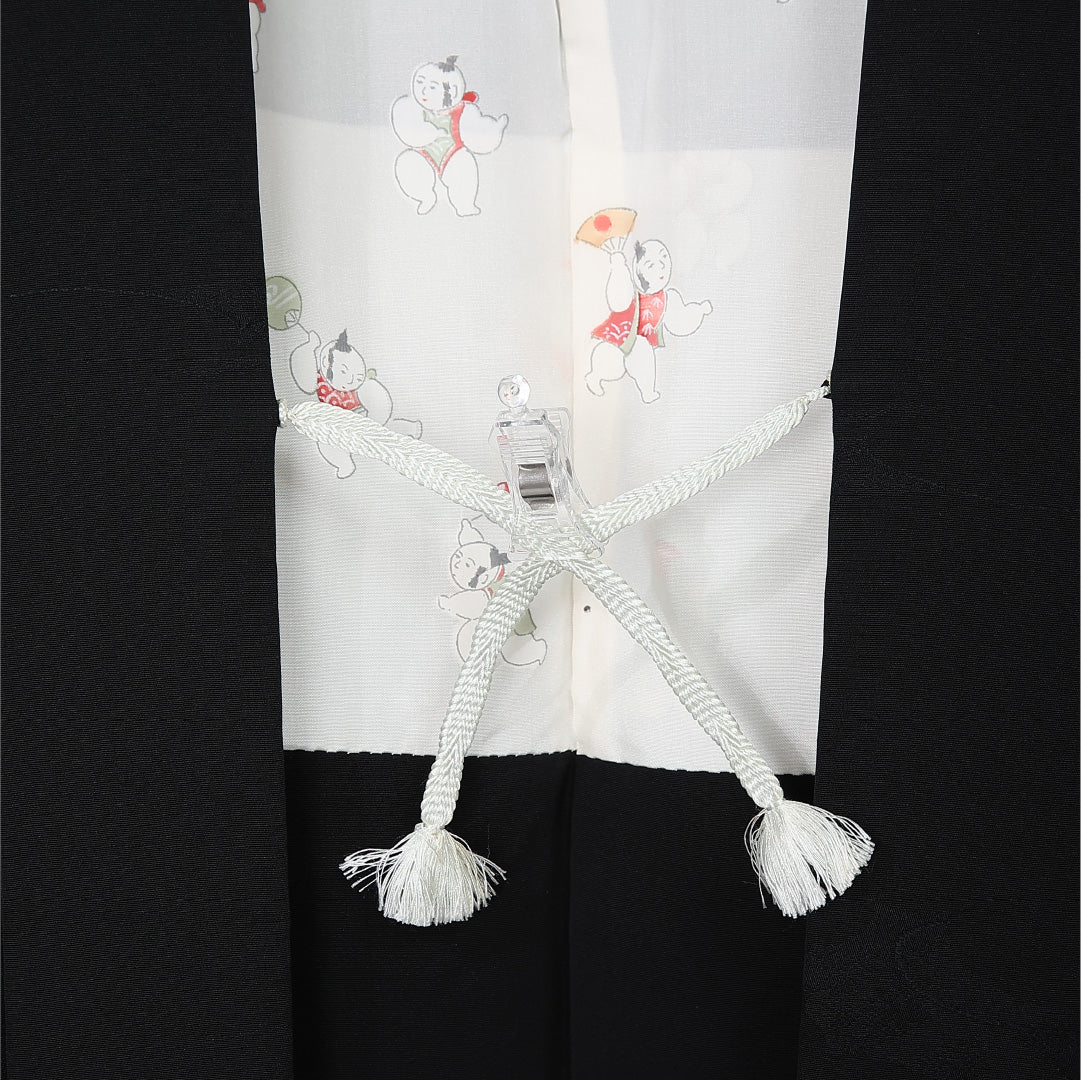 黒羽織 袷 身丈75cm 裄丈63cm 正絹 Bランク 一つ紋 (丸に下り藤) セミフォーマル Sサイズ 紐あり 流水 黒系 RP 1233-12571