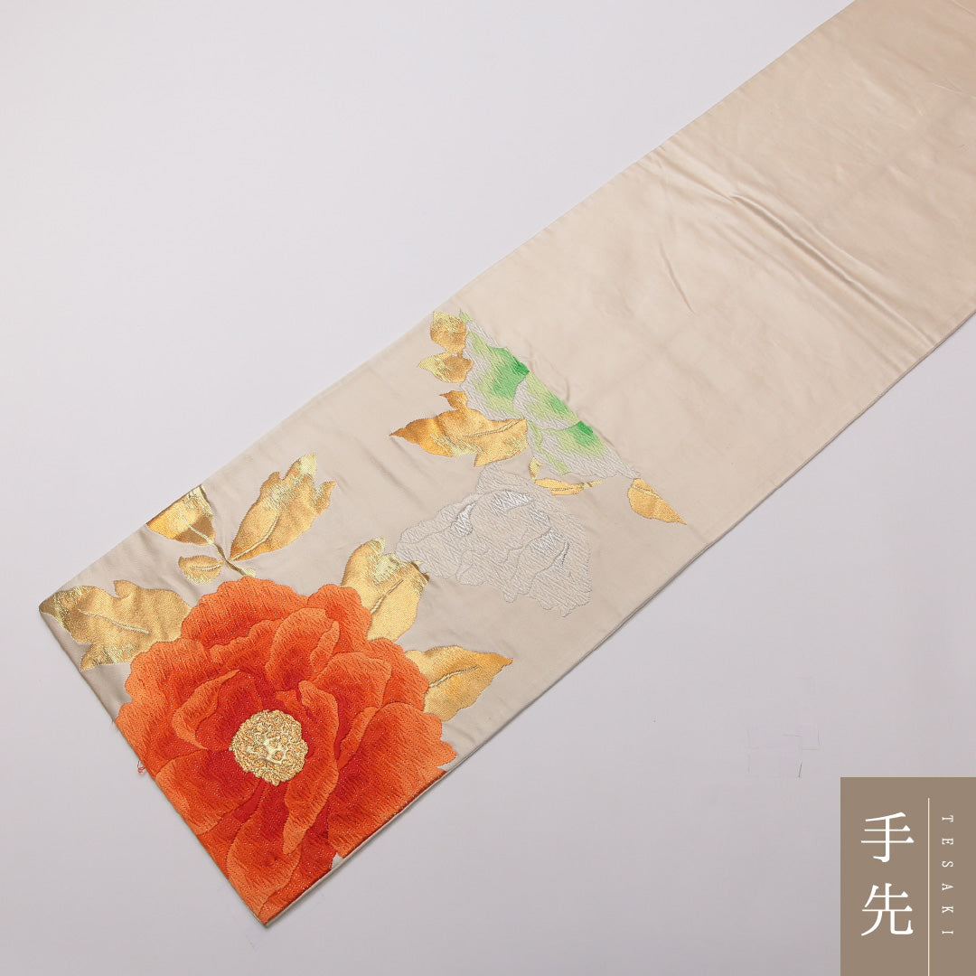 袋帯 六通 帯丈416cm フォーマル Cランク 正絹 唐織 牡丹 クリーム系 1223-01441