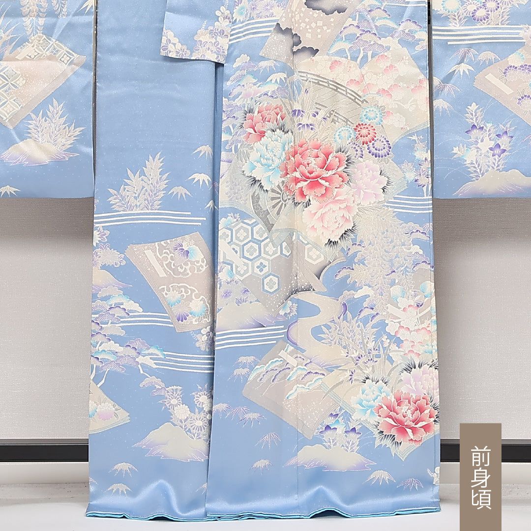 振袖 身丈165cm 裄丈66.5cm Aランク 正絹 袷 広衿 XL 銀駒刺繍 吉祥文様 牡丹 フォーマル 古典的 爽やか 水色系 1213-F0568
