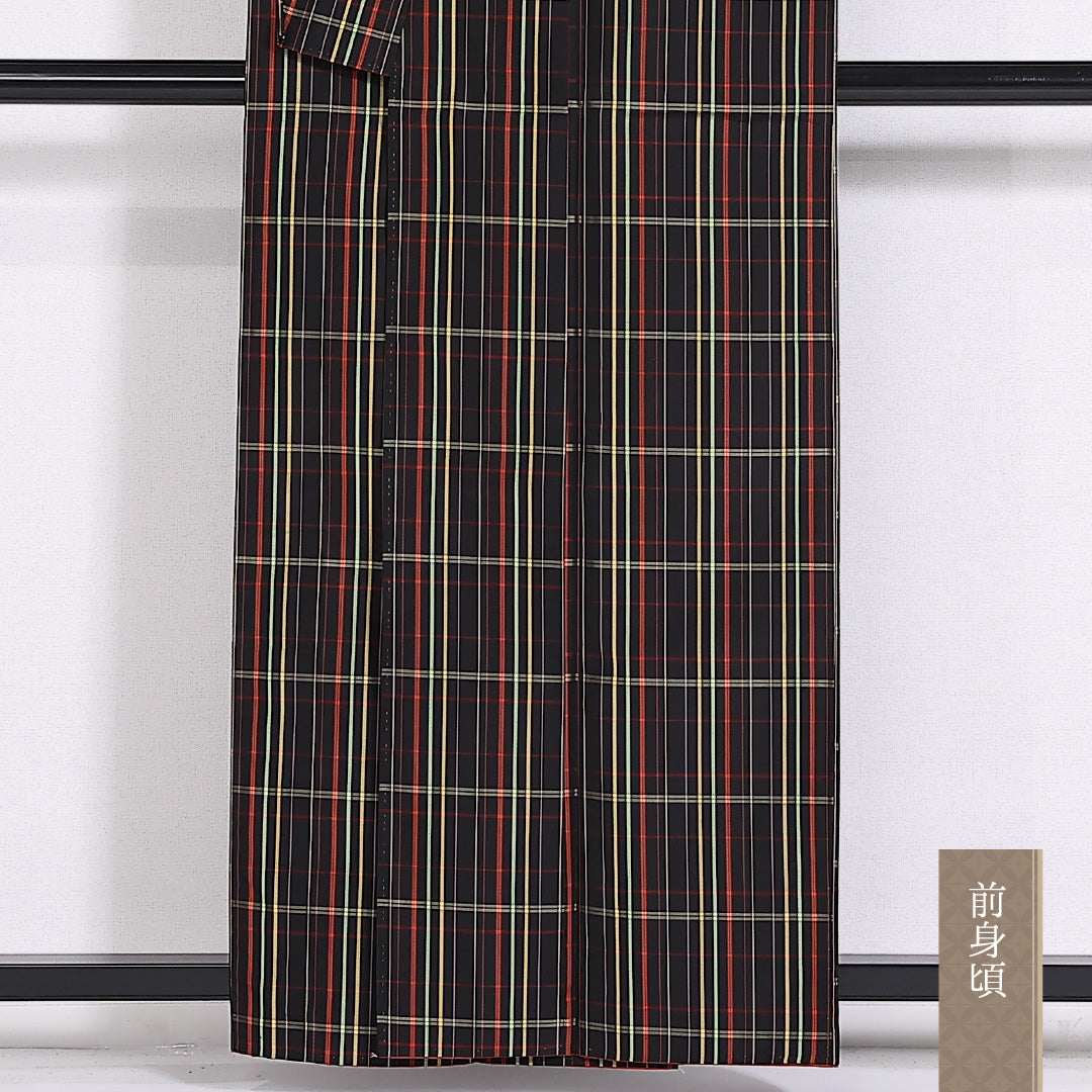 アンサンブル 大島紬 袷 身丈157cm 裄61.5cm 正絹 格子 道中着 黒系 Sランク 1216-01476