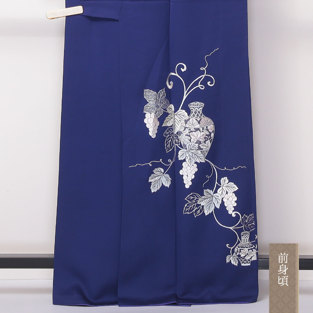 訪問着 袷 身丈160~164cm 裄62cm 正絹 葡萄 壺 蘇州刺繡 鉄紺 青系 Aランク 1212-00614