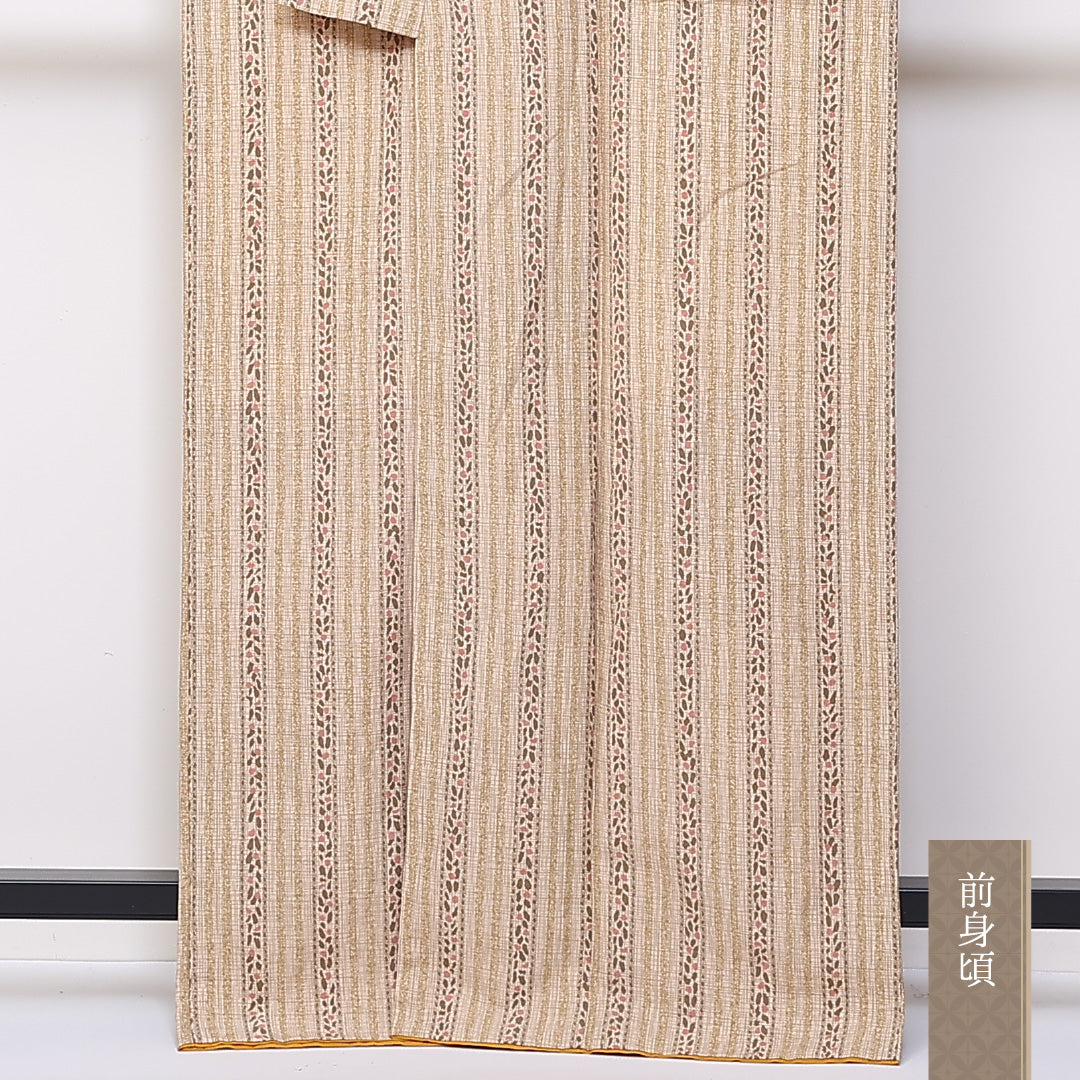 小紋 袷 身丈166cm 裄34.5cm 洗える着物 ポリエステル 縞 花柄 茶系 Sランク 1215-02403