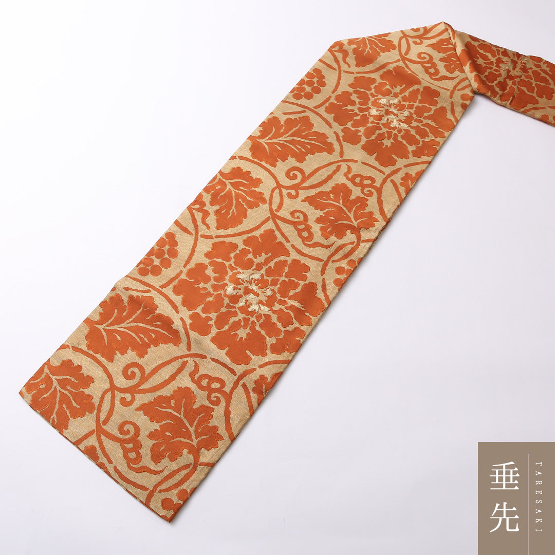 アンティーク 九寸 名古屋帯 帯丈362cm 名古屋仕立て 全通 Aランク 正絹 唐華 牡丹 古典的 遊び心 朱系 1224-02796