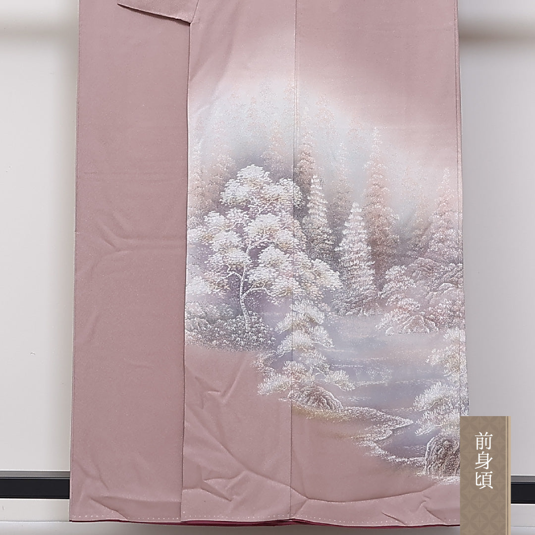 訪問着 袷 身丈157cm 裄64.5cm 正絹 風景 手描き 金彩 Bランク 1212-00731