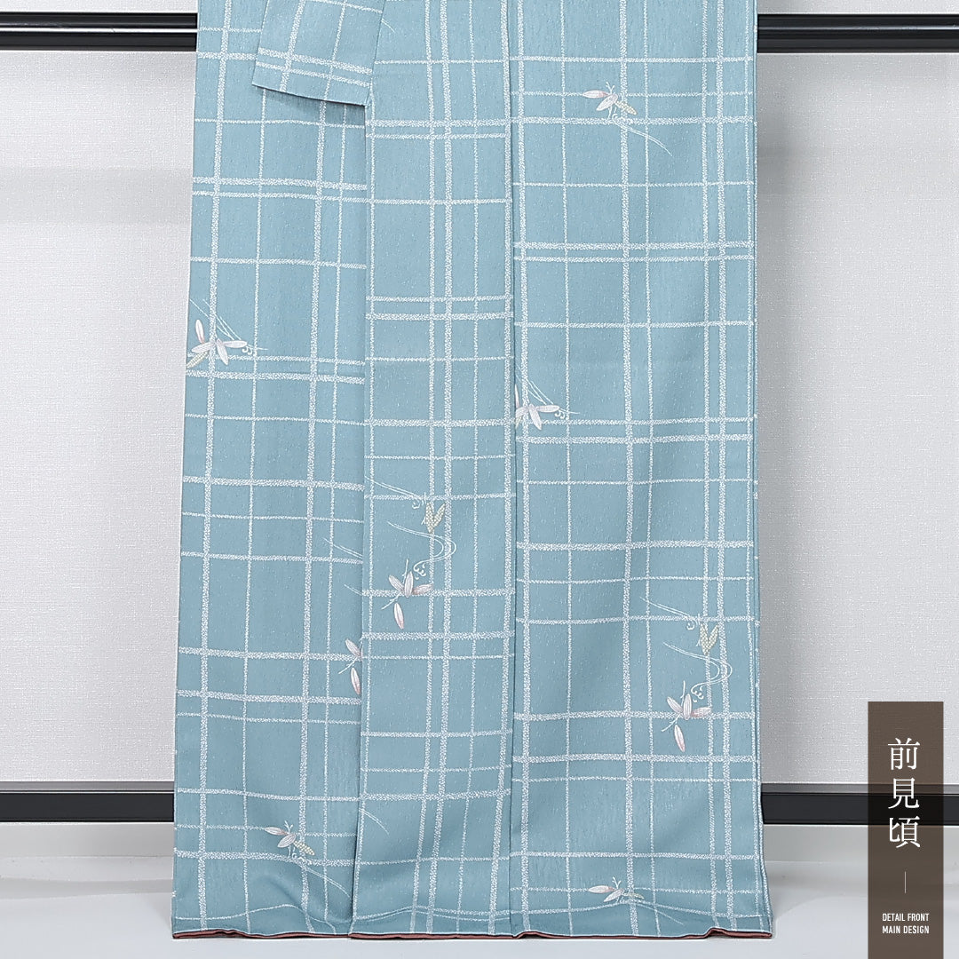 洗える着物 小紋 袷 身丈167cm 裄丈65cm ポリエステル Sランク インフォーマル 広衿 XLサイズ 格子 笹 水色系 RP 1221-12392