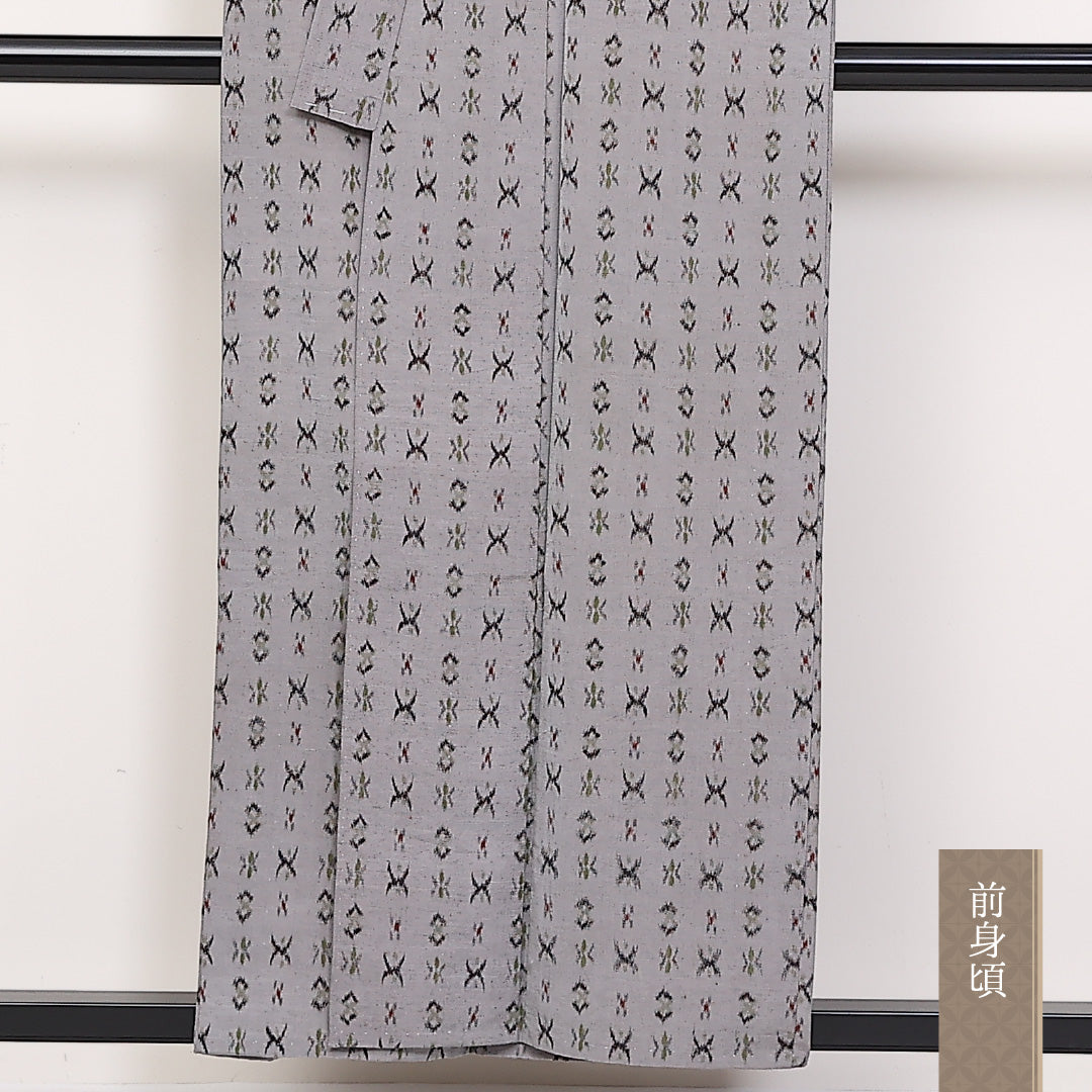 紬 単衣 身丈155cm 裄丈65cm 正絹 Cランク Mサイズ バチ衿 カジュアル 居敷当て 絣柄 グレー系 1216-03774