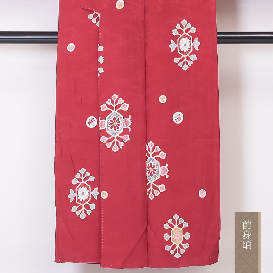 アンティーク 小紋 (錦紗) 袷 身丈147cm 裄丈62cm 正絹 Cランク 紋意匠 (吉祥文様) バチ衿 XSサイズ 花菱 赤系 RP 1221-02114