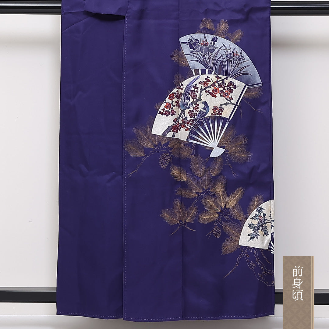 訪問着 袷 身丈158cm 裄64.5cm 正絹 金彩 扇子 鴛鴦 菖蒲 箔 松 Aランク 1212-00697