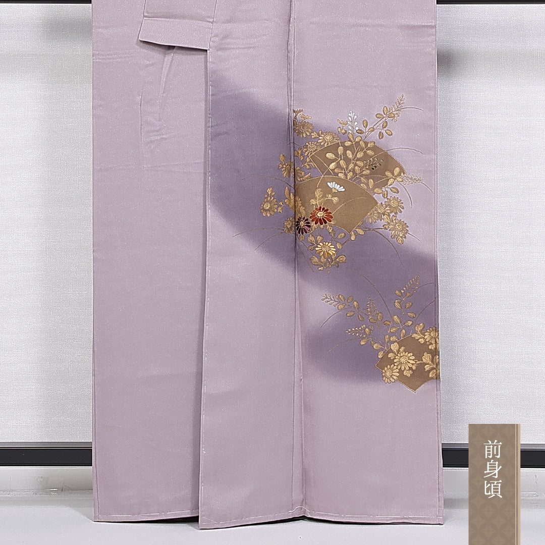 訪問着 身丈161cm 裄丈63.5cm 正絹 Sランク 袷 広衿 金彩 檜扇 菊 萩 刺繍 ぼかし しつけ糸 1212-10387
