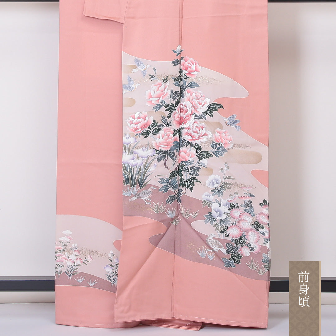 色留袖 一つ紋 剣片喰 身丈163cm 裄丈64.5cm Sランク 正絹 袷 広衿 L 金彩 牡丹 セミフォーマル ピンク系 1211-F0219