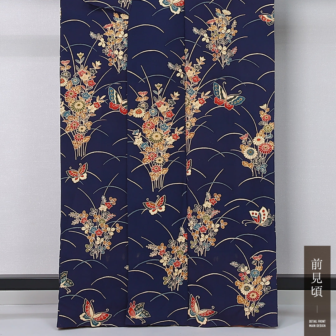 小紋 袷 身丈162cm 裄丈65cm 正絹 Aランク インフォーマル バチ衿 Lサイズ 蝶 芝草 花柄 紺系 HP 1221-12376