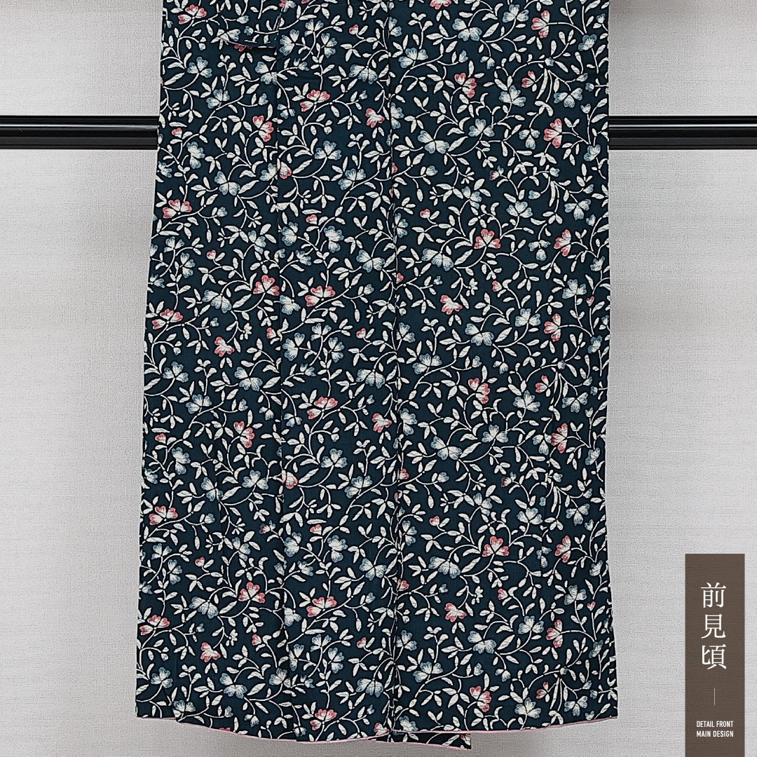 小紋 袷 身丈142cm 裄丈61cm 正絹 Aランク インフォーマル バチ衿 XSサイズ 花柄 紺系 RP 1221-14300