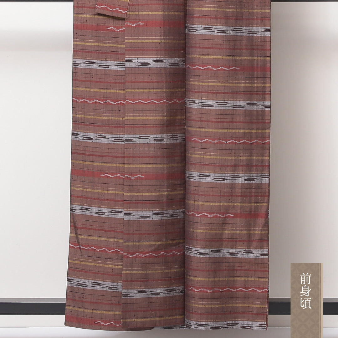 紬 単衣 身丈157cm 裄丈62cm 正絹 Sランク カジュアル バチ衿 Mサイズ 矢絣 茶系 RP 1223-03506