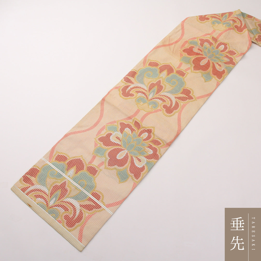 アンティーク 九寸名古屋帯 (夏帯) Cランク 帯丈473cm 正絹 六通 名古屋仕立て 織り 唐草華文 クリーム系 RP 1245-02292