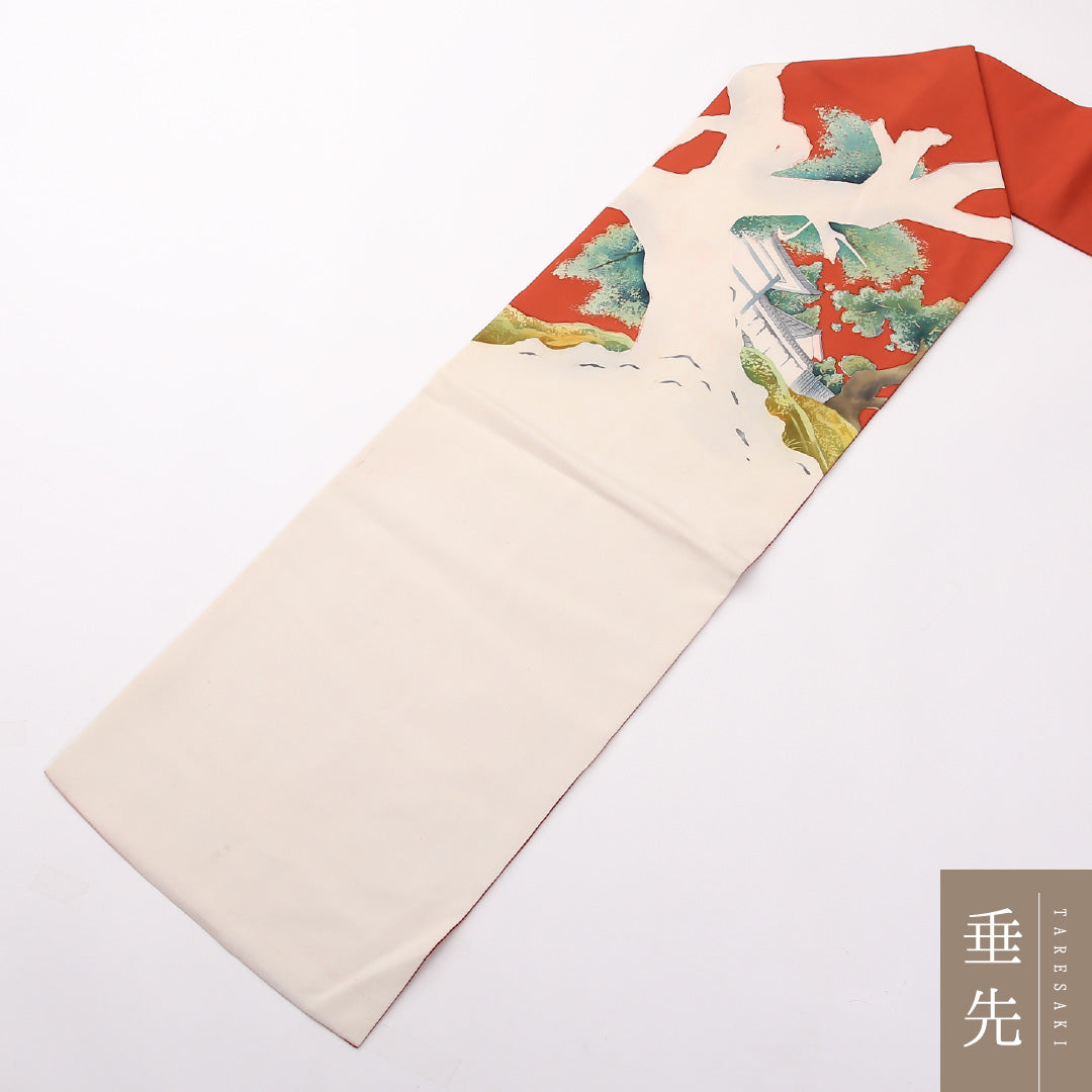 名古屋帯 ポイント柄 帯丈356cm カジュアル Cランク 正絹 塩瀬 風景 朱系 1224-02406