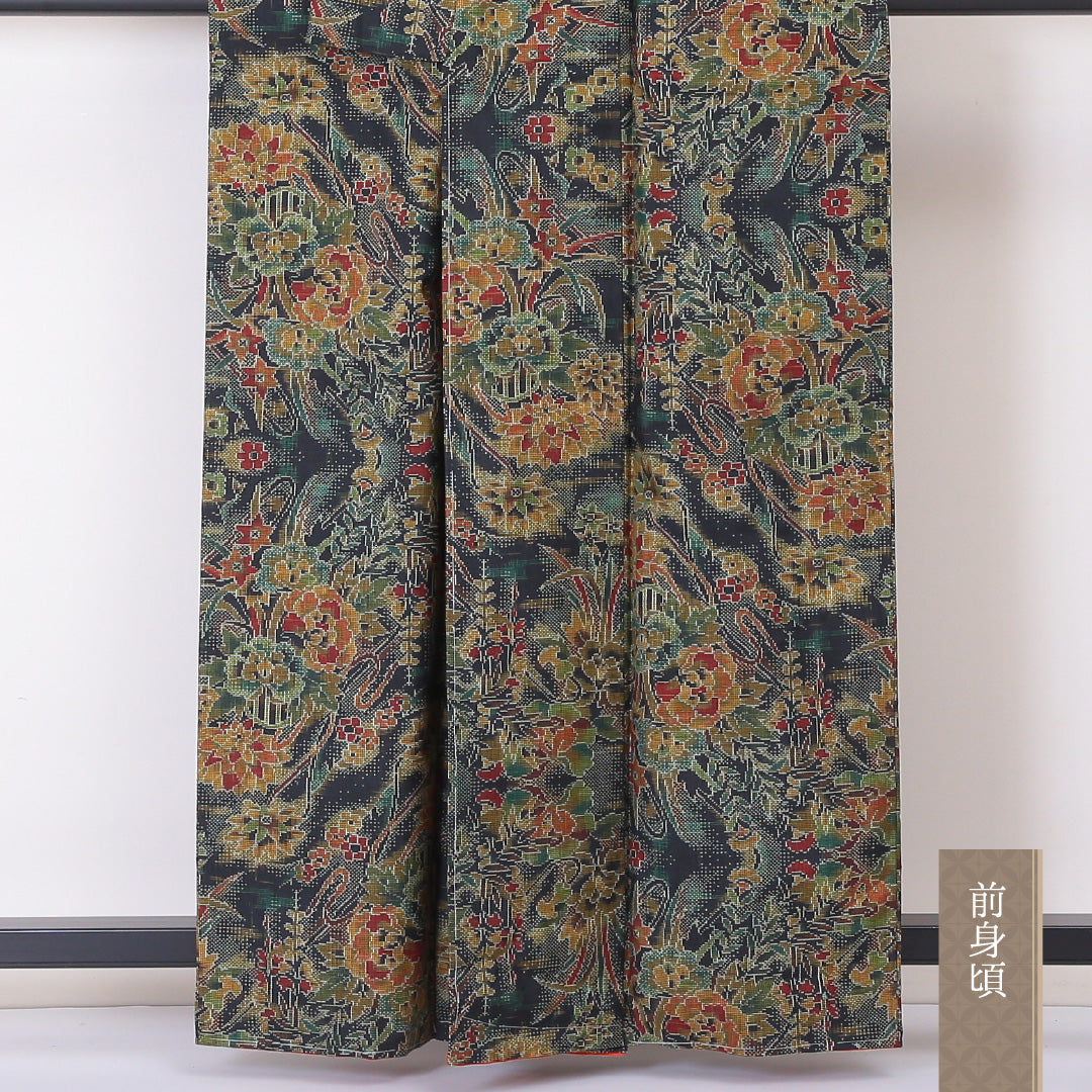 未使用品 大島紬 袷 身丈160cm 裄丈62cm 正絹 Sランク インフォーマル 広衿 Lサイズ 9マルキ しつけ糸 花柄 植物柄 経緯絣 緑系 SR 1223-03376