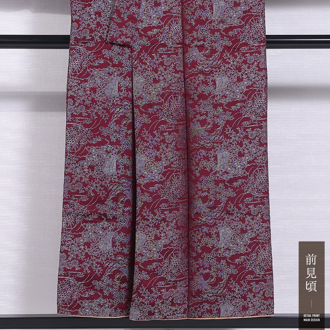 アンティーク お召 袷 身丈148cm 裄丈63cm 正絹 Bランク バチ衿 XSサイズ 御所車 花柄 笠松 紫系 M4 1222-11726