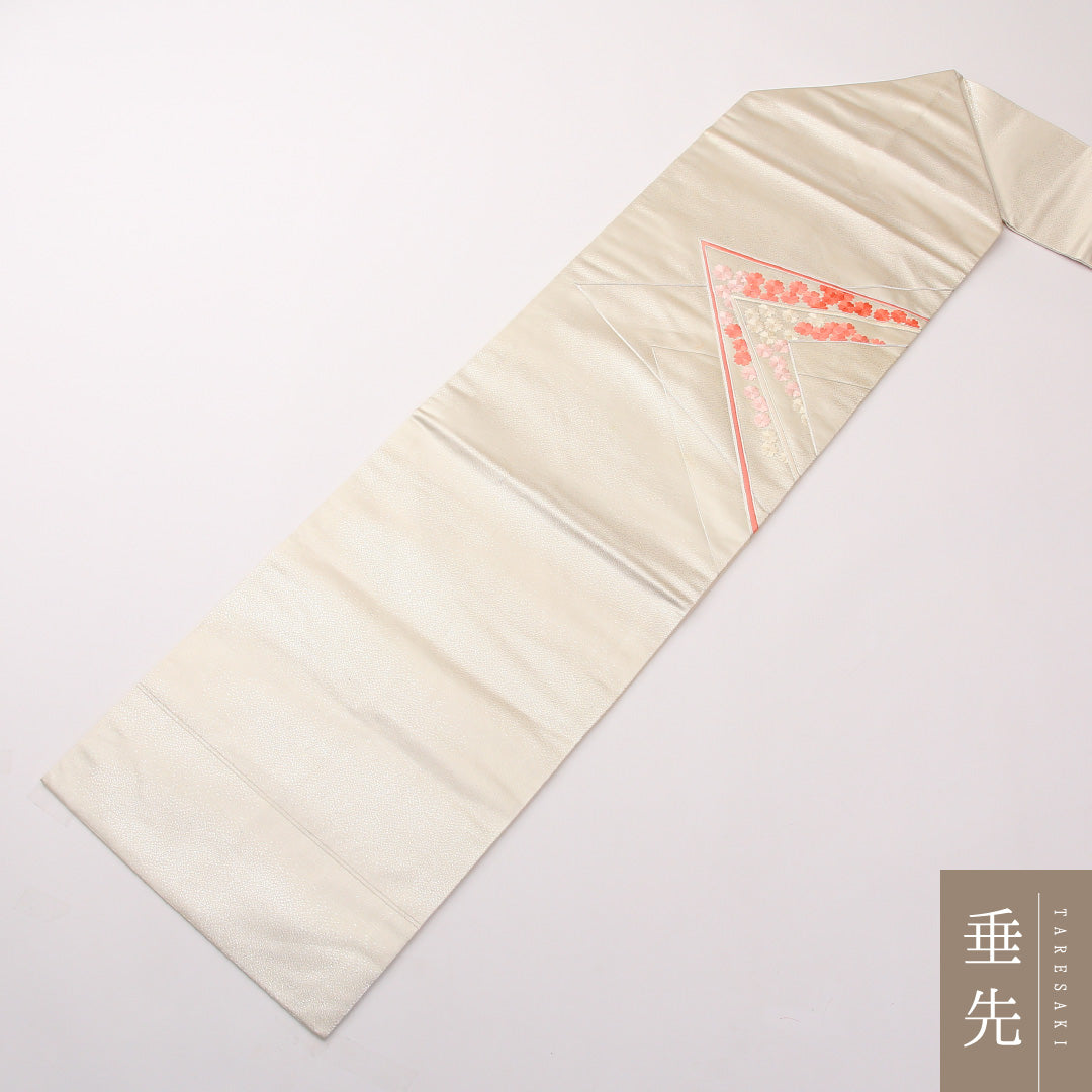 九寸名古屋帯 Bランク 帯丈352cm 正絹 六通 名古屋仕立て 織り セミフォーマル 桜 クリーム系・銀系 RP 1245-02316
