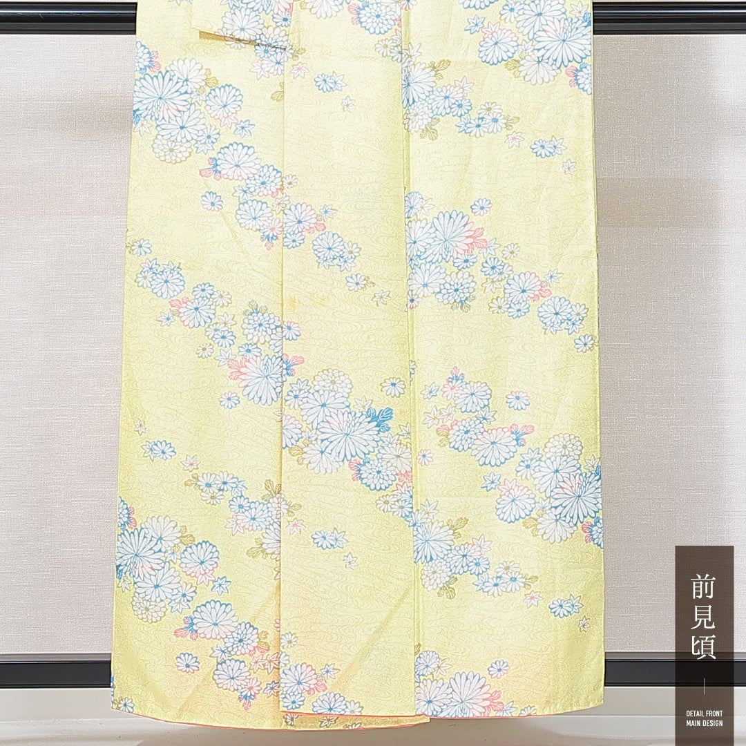 洗える着物 小紋 袷 身丈156cm 裄丈61cm ポリエステル Sランク インフォーマル 広衿 Mサイズ 菊 黄系 RP 1221-14987