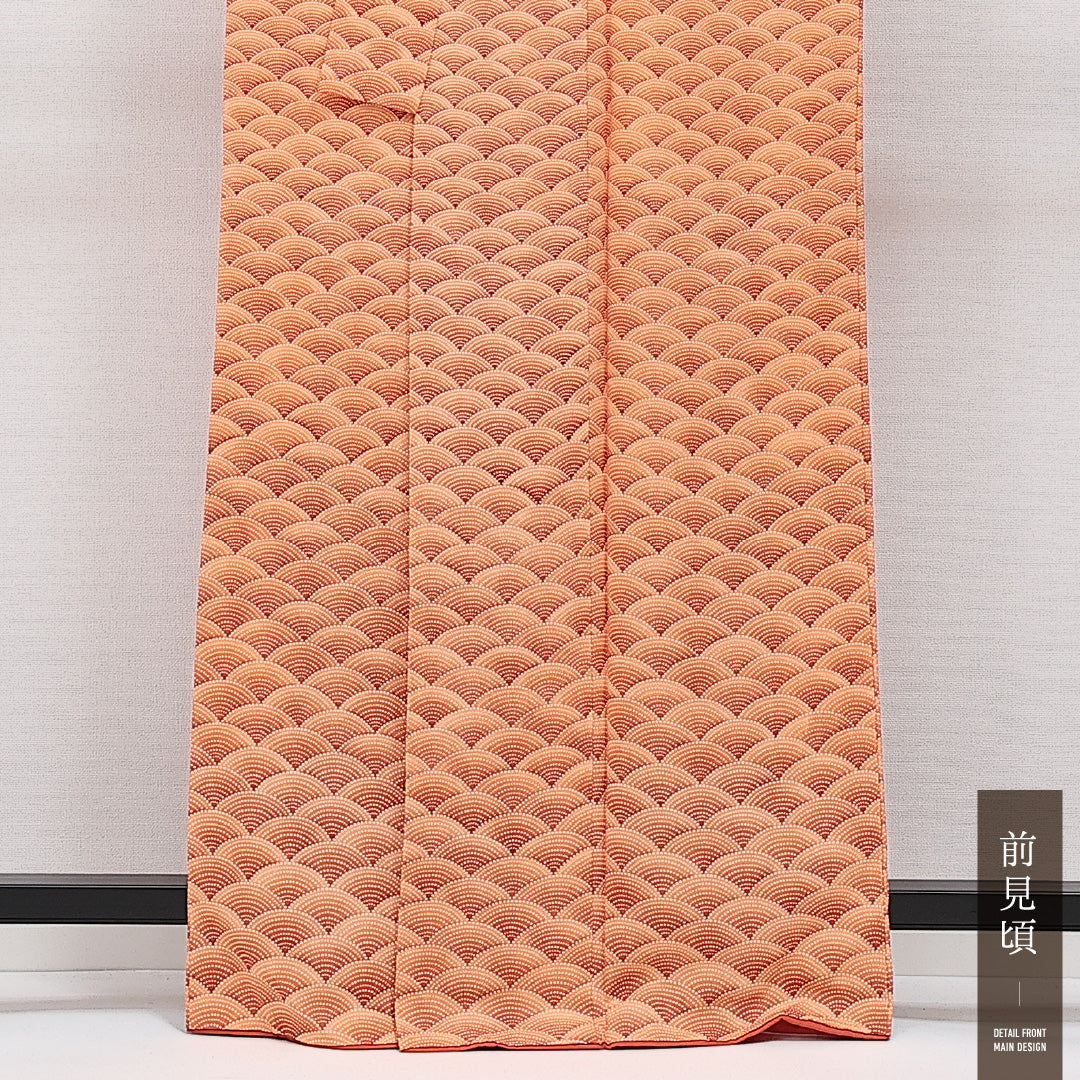 洗える着物 小紋 袷 身丈162cm 裄丈62cm ポリエステル Sランク インフォーマル バチ衿 Lサイズ 青海波 朱系 RP 1221-14405