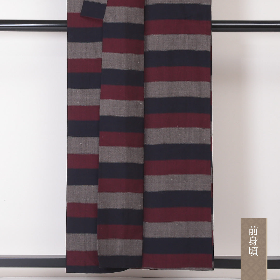 紬 単衣 身丈154cm 裄61cm ウール 洗える着物 居敷当て 縞 グレー系 Aランク 1216-00909