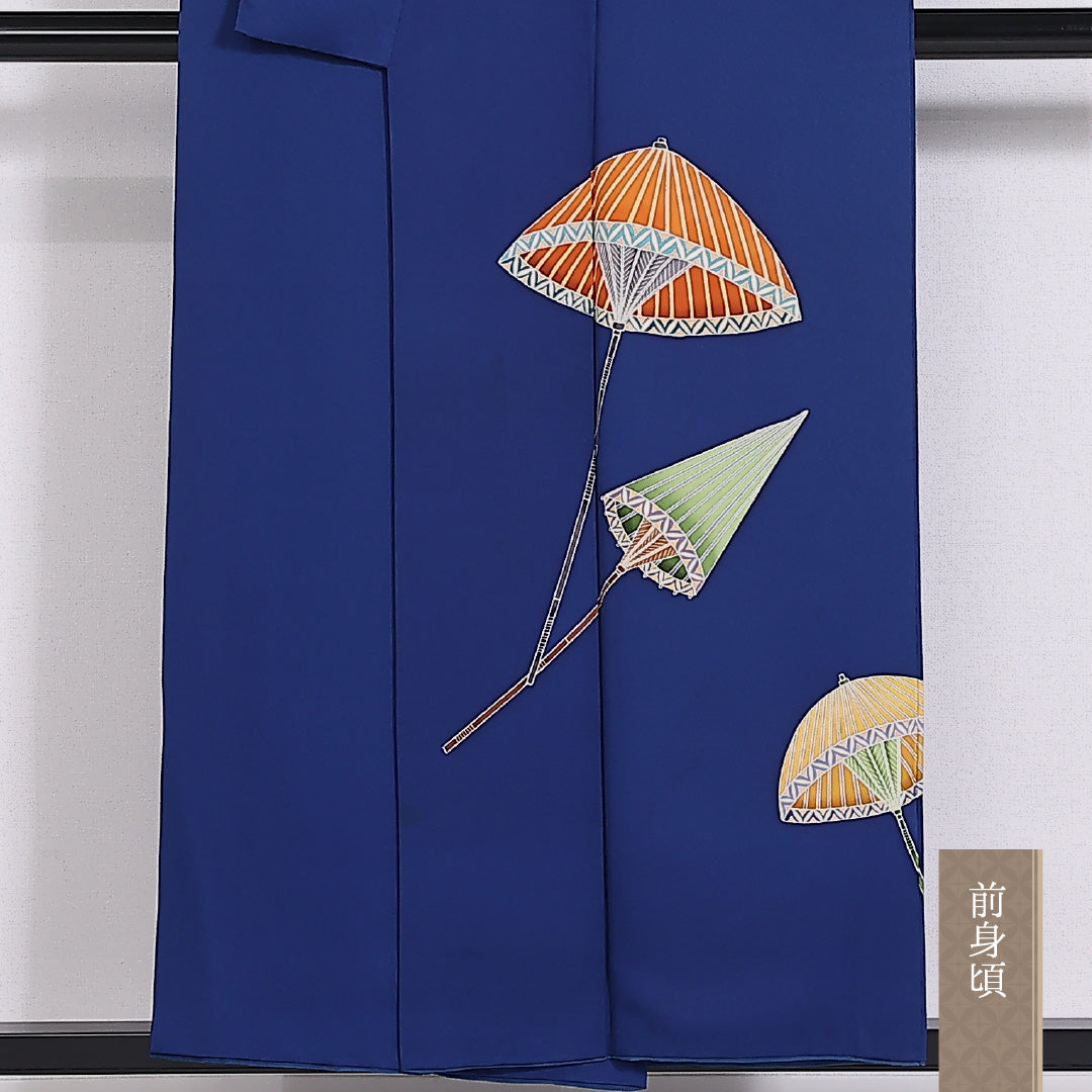 色留袖 一つ紋 身丈152cm 裄丈64cm Aランク 正絹 袷 広衿 S 丸に四つ目菱 傘 セミフォーマル 青系 1211-F0283