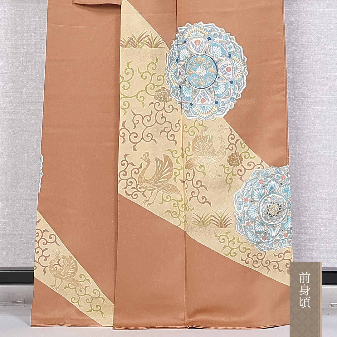 色留袖 身丈162cm 裄丈64cm 袷 三つ紋 五三桐 正絹 Aランク 広衿 宝相華 金駒刺繡 鳳凰 1211-F0359