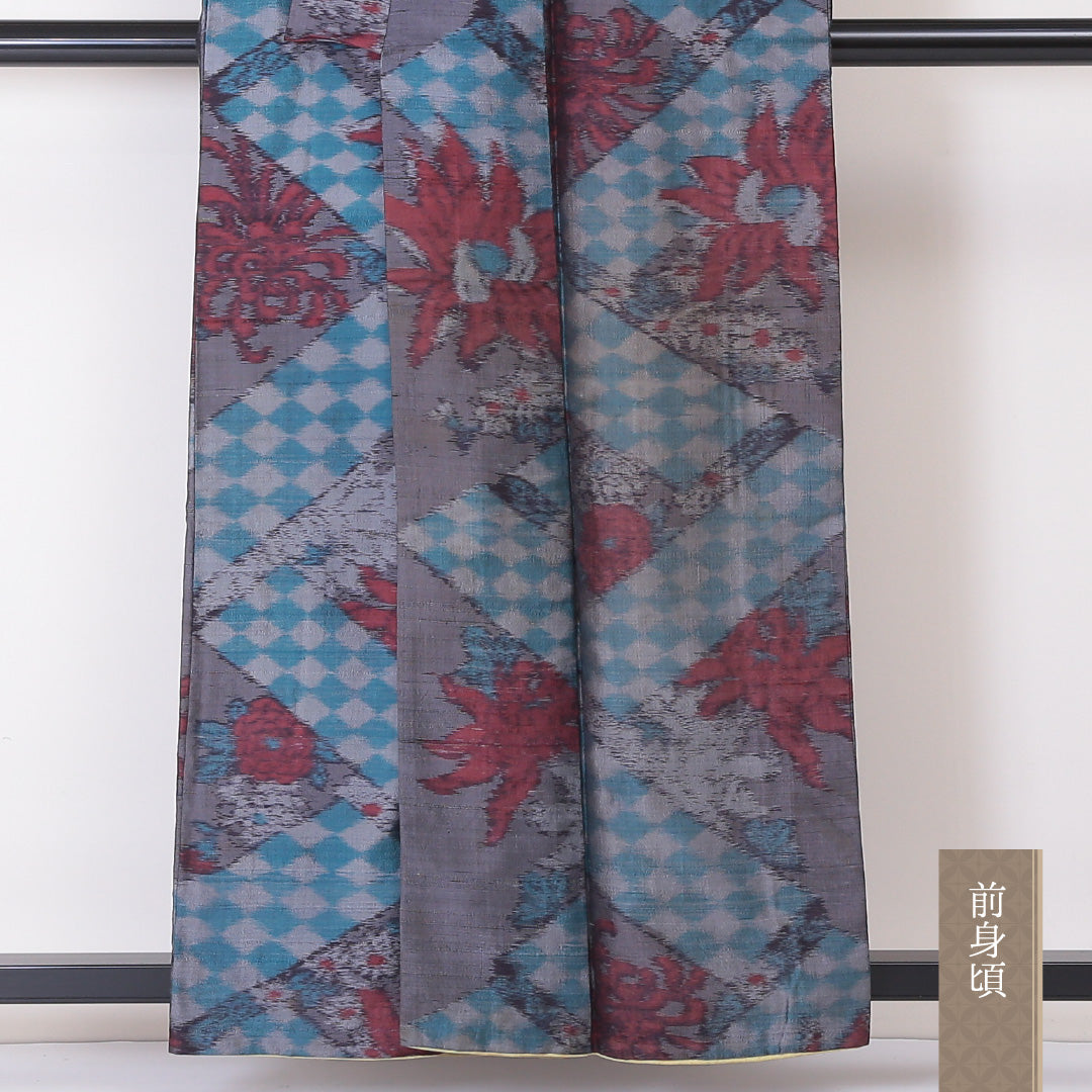 アンティーク 紬(銘仙) 袷 身丈158cm 裄丈65cm 正絹 Cランク Mサイズ バチ衿 グレー系 1216-03374