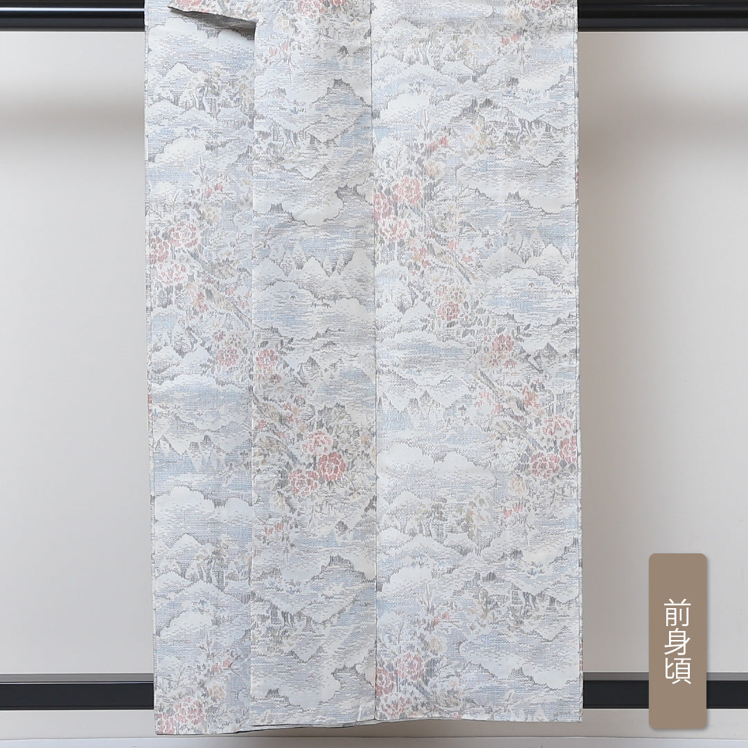 紬 袷 身丈156cm 裄61cm 正絹 白系 Sランク 真綿紬 花柄 山 雲取 1216-00572-2311 1216-00572