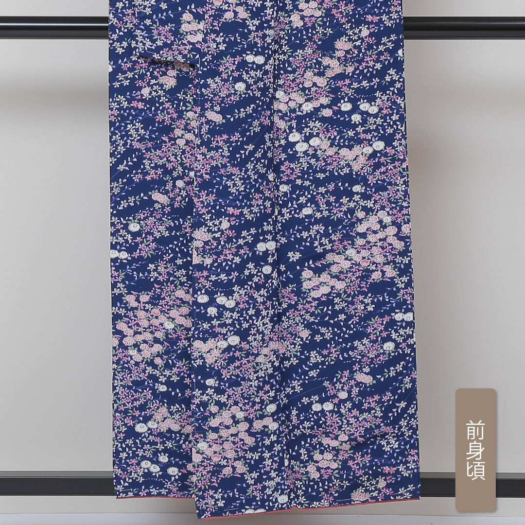 洗える着物 小紋 袷 身丈153cm 裄丈62cm ポリエステル Sランク インフォーマル 広衿 Sサイズ しつけ糸 花柄 青系 RP 1221-01439