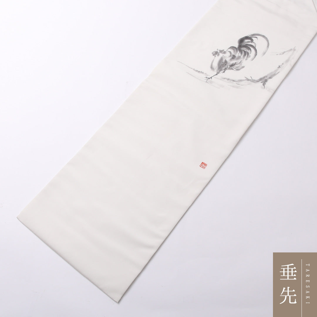 名古屋帯 ポイント柄 帯丈360cm カジュアル Sランク 正絹 塩瀬 烏骨鶏 水墨画 落款 白系 1224-02600