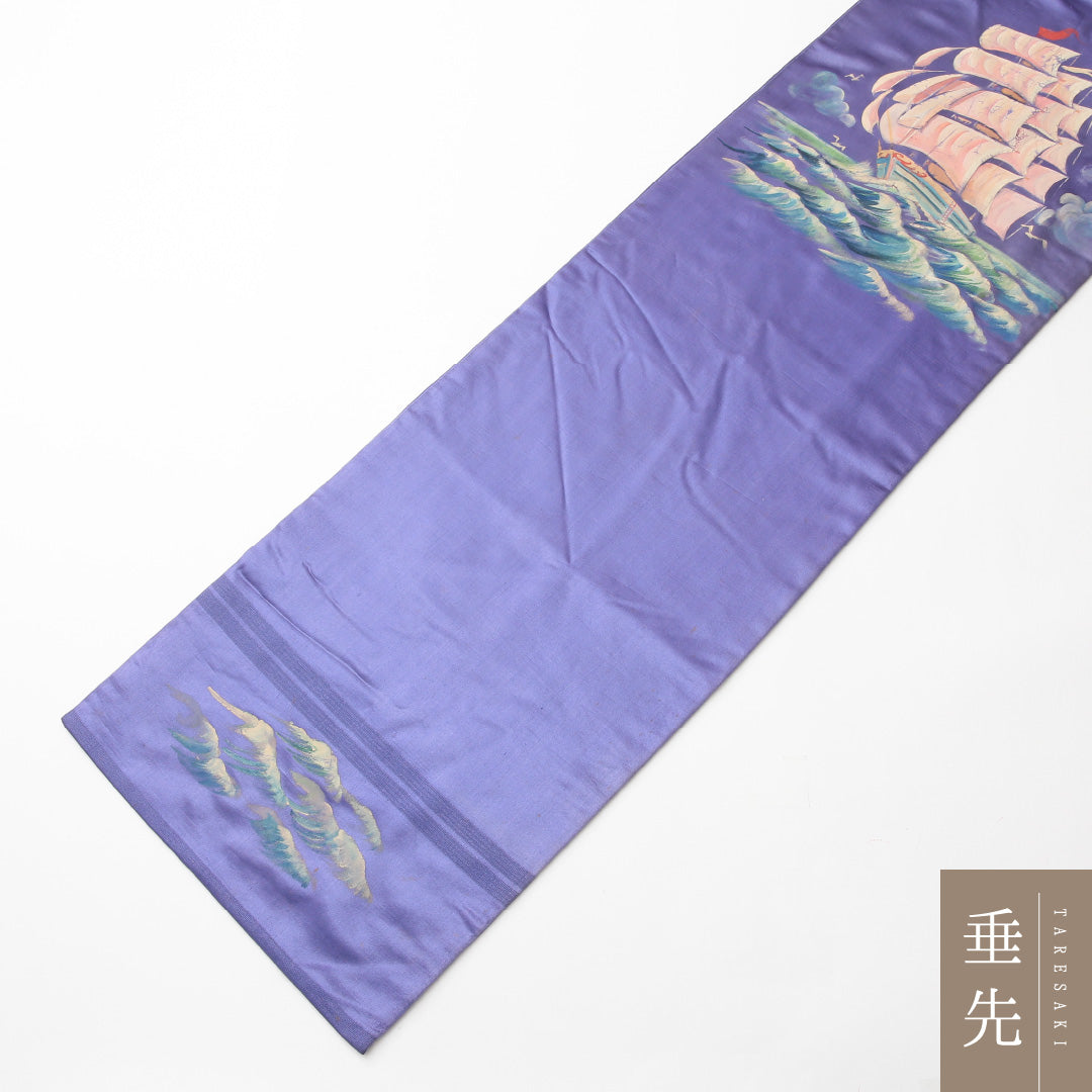 アンティーク 名古屋帯 ポイント柄 帯丈365cm Cランク 正絹 ペンテ帯 綸子 船 紫系 1224-02136