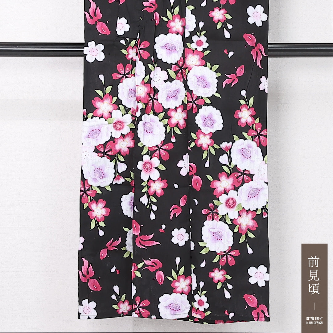 夏物 浴衣 身丈146cm 裄丈61cm Sランク XS 木綿 洗える着物 夏物 バチ衿 牡丹 桜 金魚 カジュアル 黒系 1218-12459