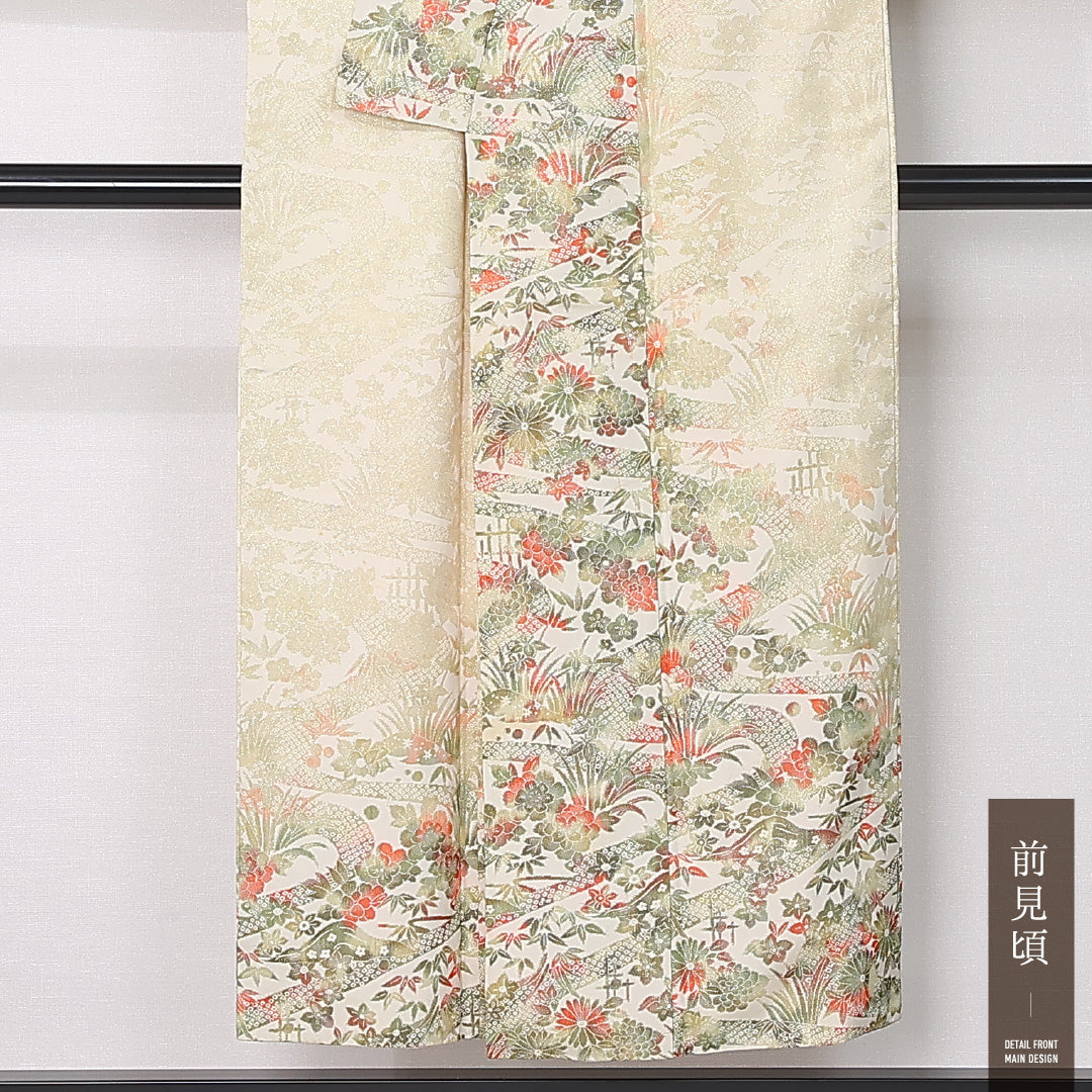 訪問着 袷 身丈147cm 裄丈62cm 正絹 Aランク セミフォーマル 広衿 XSサイズ 型染め 吉祥文様 クリーム系 RP 1217-12440