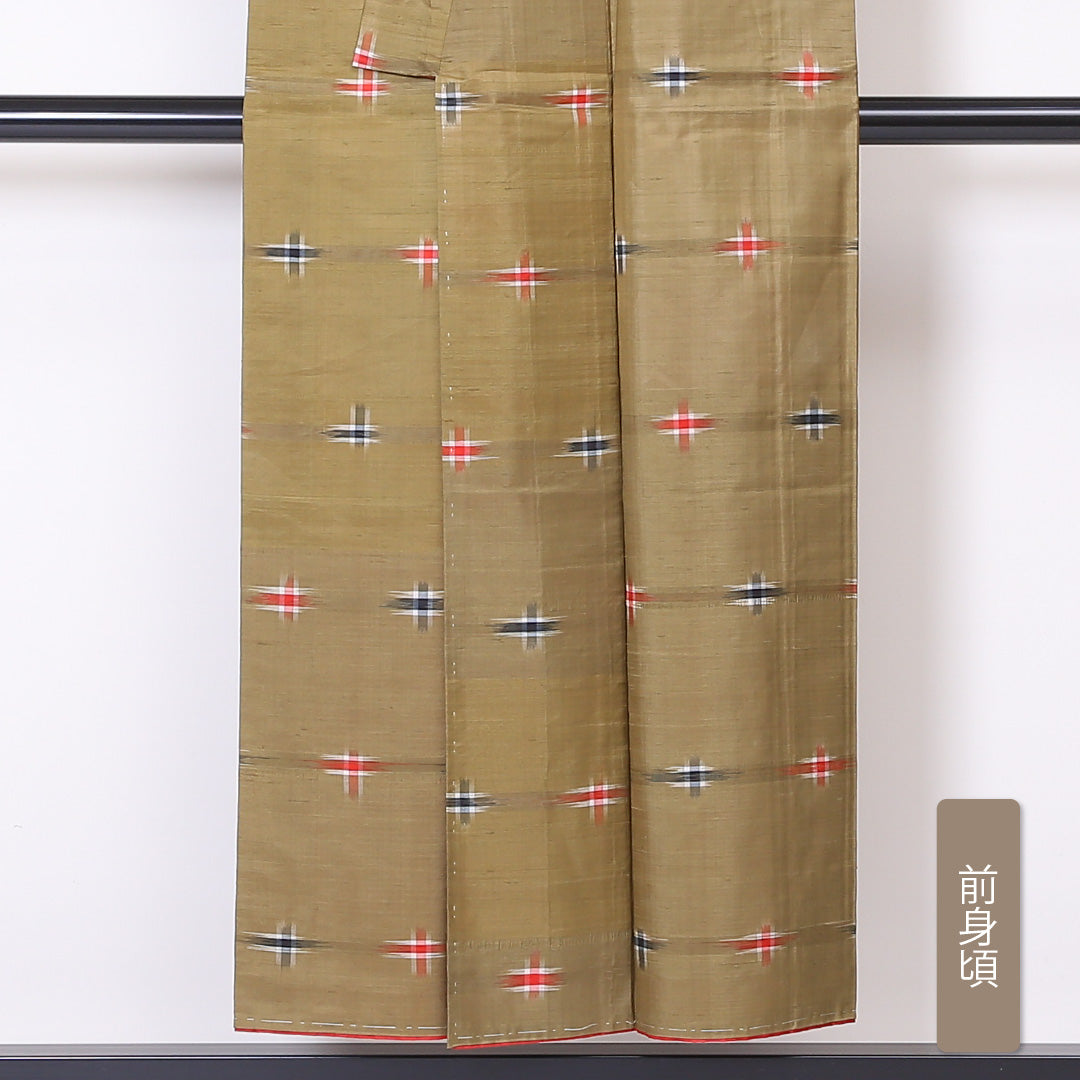 アンティーク 銘仙の着物 袷 身丈149cm 裄丈62cm 正絹 Bランク バチ衿 XSサイズ 十字絣 茶系 RP 1223-03276