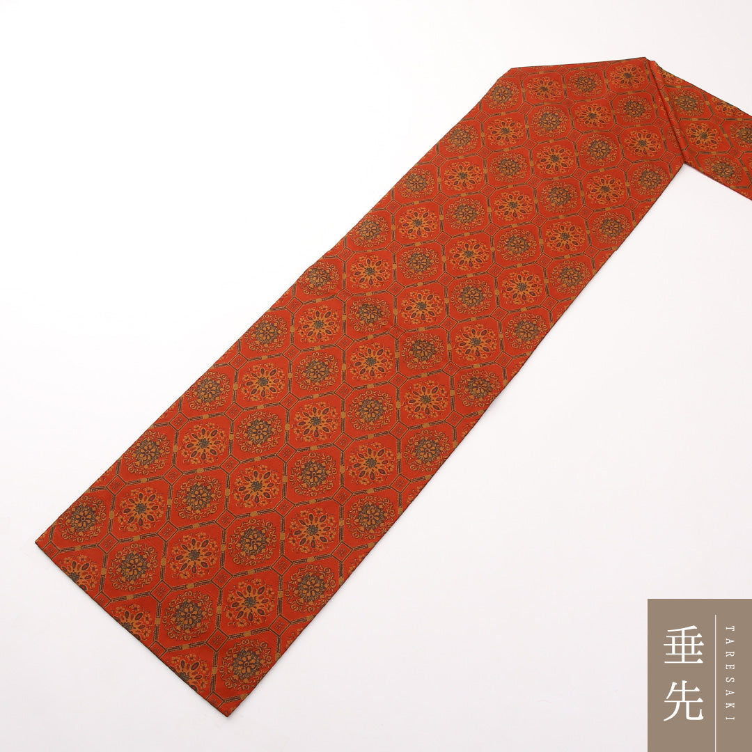 名古屋帯 全通 帯丈357cm カジュアル Sランク 正絹 唐草 蜀江 朱系 1224-02297