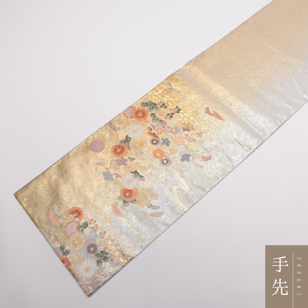 袋帯 帯丈440cm 正絹 六通 フォーマル 琳派 光悦垣 光琳波 四季草花 金系 1243-01458