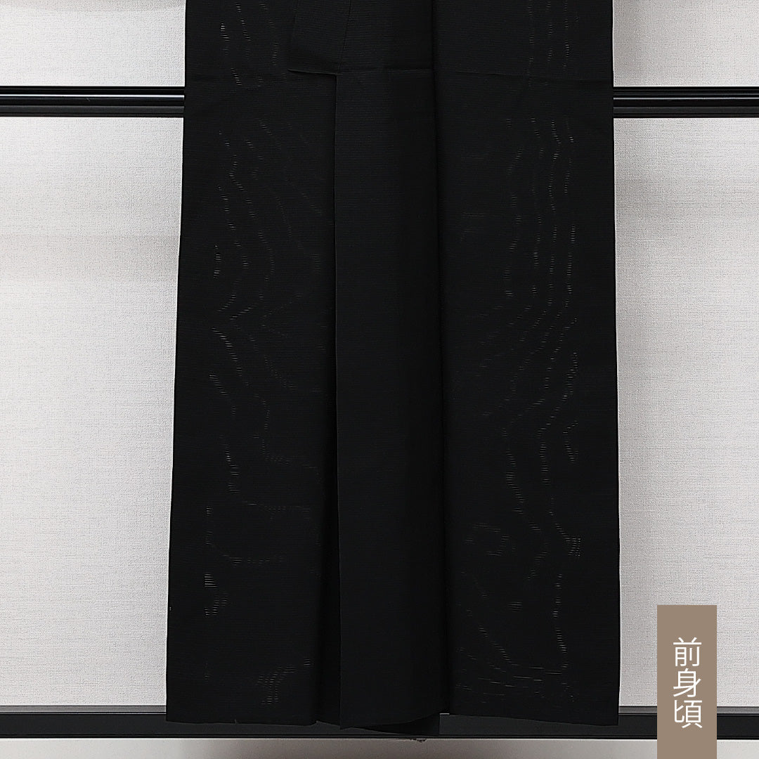 黒紋付 五つ紋 桔梗 身丈152cm 裄丈63.5cm Aランク 正絹 夏物 バチ衿 S 無地 フォーマル シック 厳か 黒系 1299-F0608