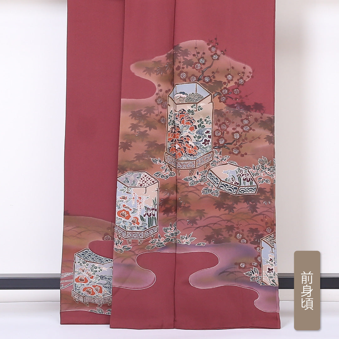 色留袖 一つ紋 桔梗 身丈163cm 裄丈66cm Bランク 正絹 袷 広衿 L 貝桶 セミフォーマル 茶系 1211-F0197