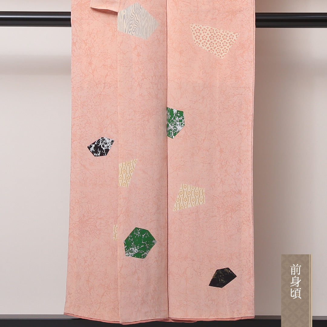 アンティーク 小紋 袷 身丈153cm 裄62cm 正絹 切嵌め ピンク系 Aランク 1215-02236