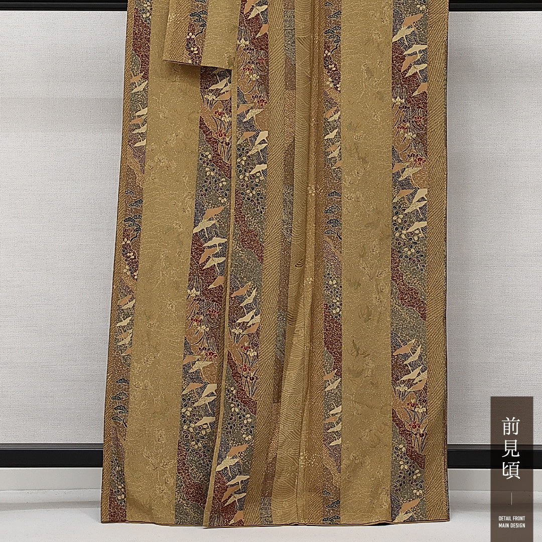小紋 袷 身丈162cm 裄丈62cm 正絹 Sランク インフォーマル 広衿 Lサイズ 金彩 鷺 菖蒲 松 茶系 RP 1221-14174