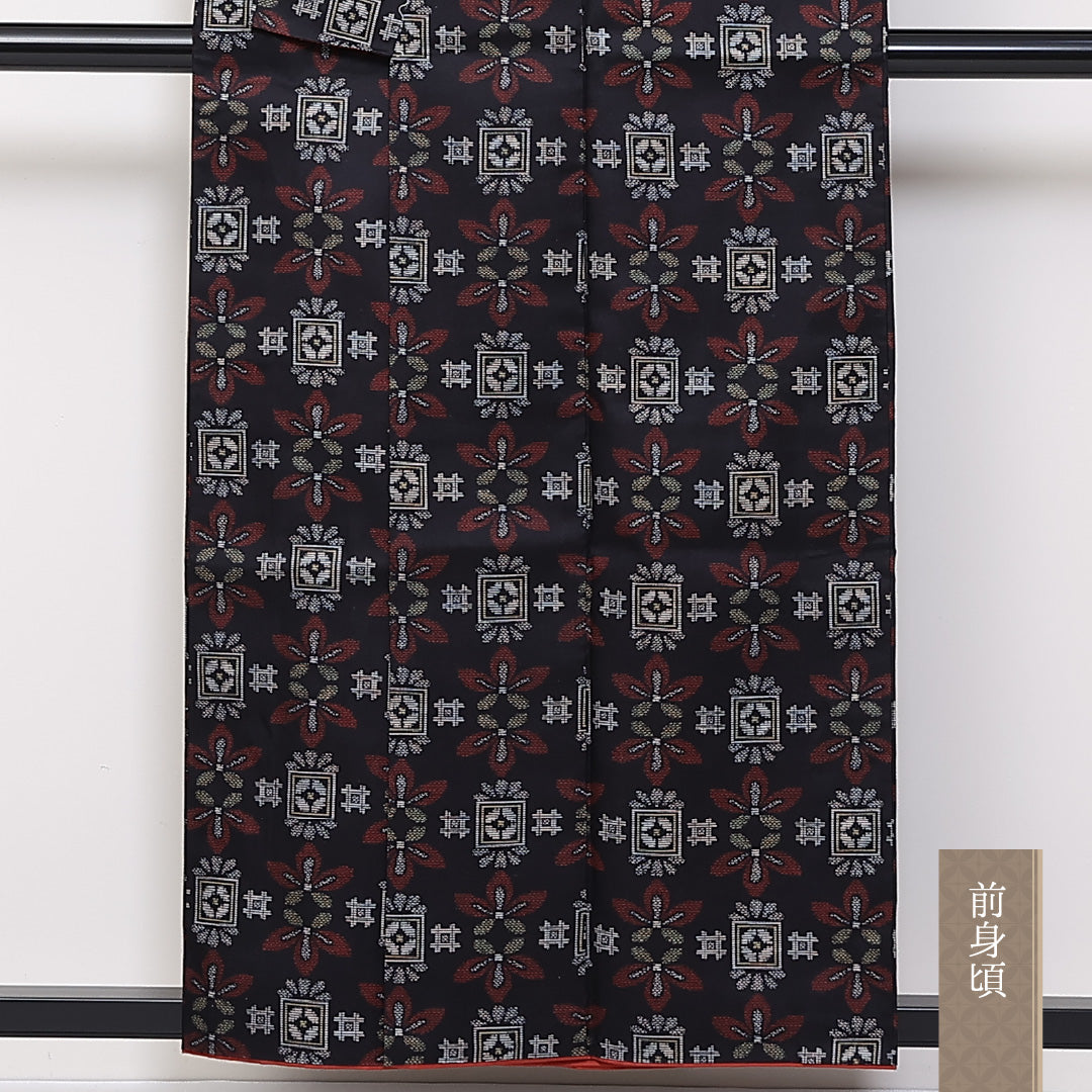 紬 袷 身丈156cm 裄65.5cm 正絹 真綿紬 レトロ 黒系 Sランク 1216-01376