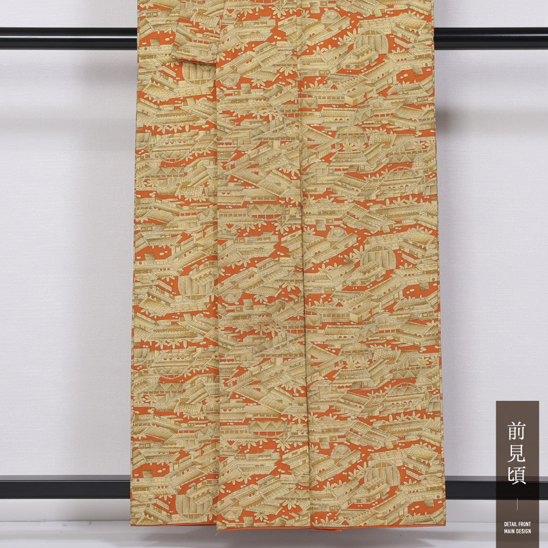 小紋 袷 身丈157cm 裄丈64cm 正絹 Aランク インフォーマル バチ衿 Mサイズ 御所解 黄系 RP 1221-11406