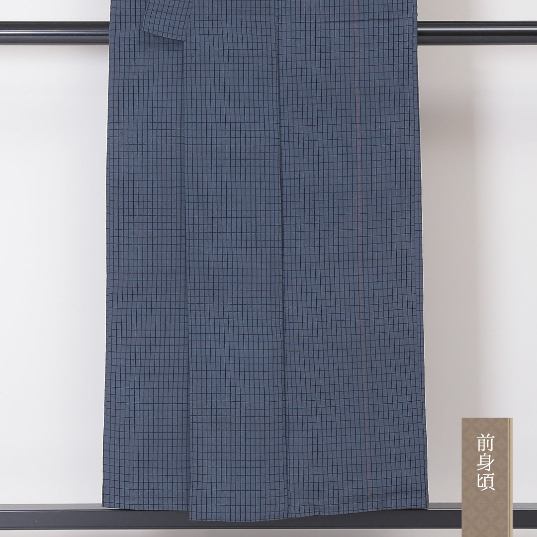 紬 袷 身丈151cm 裄丈62cm 正絹 Sランク Sサイズ バチ衿 カジュアル 格子 グレー系 1216-02077