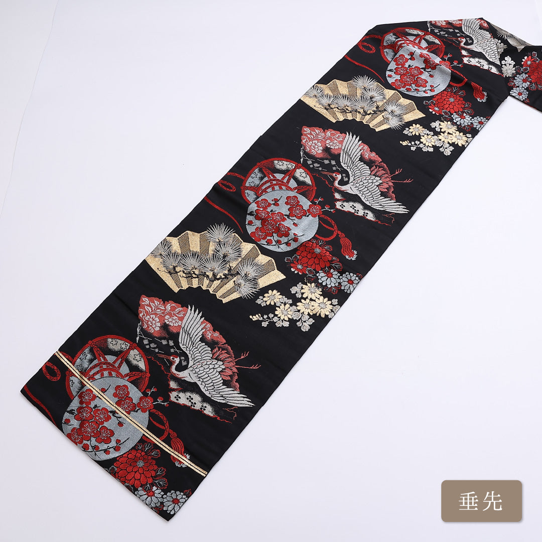 名古屋帯 帯丈325cm 六通 名古屋仕立て Aランク セミフォーマル 鶴 梅 丸紋 松 正絹 黒系 1224-01242