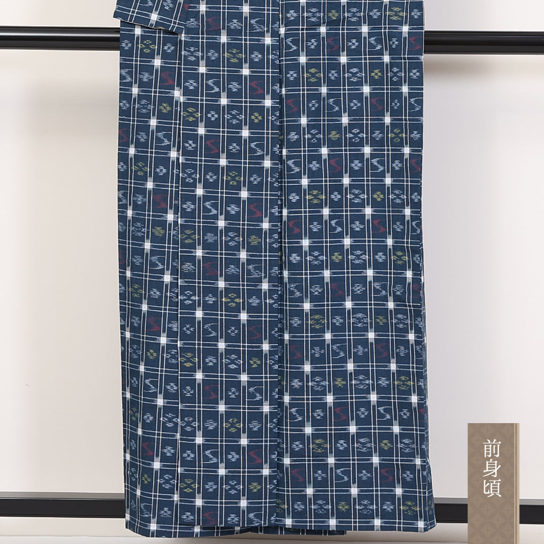 紬 単衣 身丈156cm 裄丈64cm 正絹 Sランク カジュアル 広衿 Mサイズ 格子 十字絣 青系 RP 1223-03637