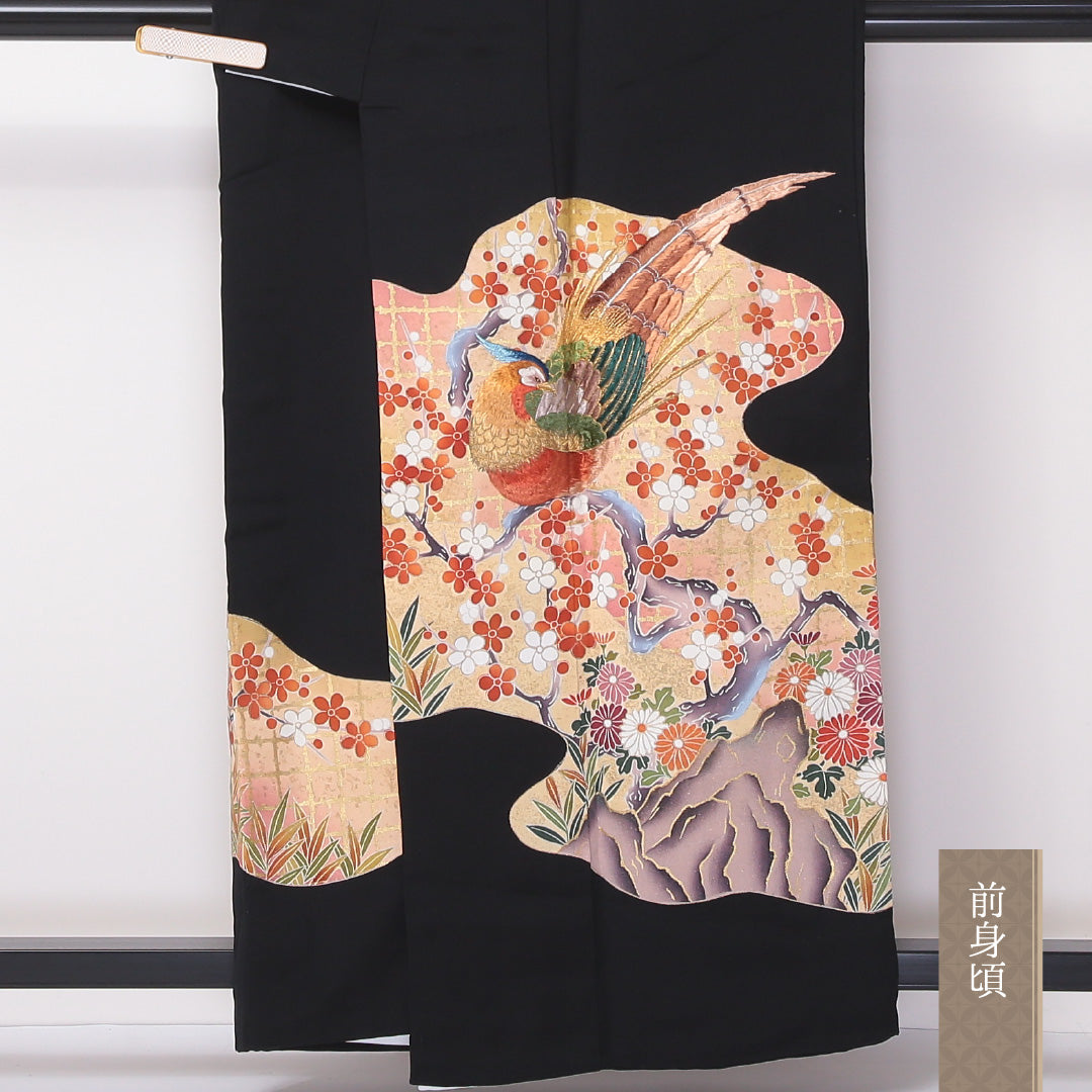 黒留袖 五つ紋 橘 身丈156cm 裄丈63cm Aランク 正絹 袷 広衿 M 唐織 刺繍 雉 道長取り フォーマル 黒系 1211-F0245