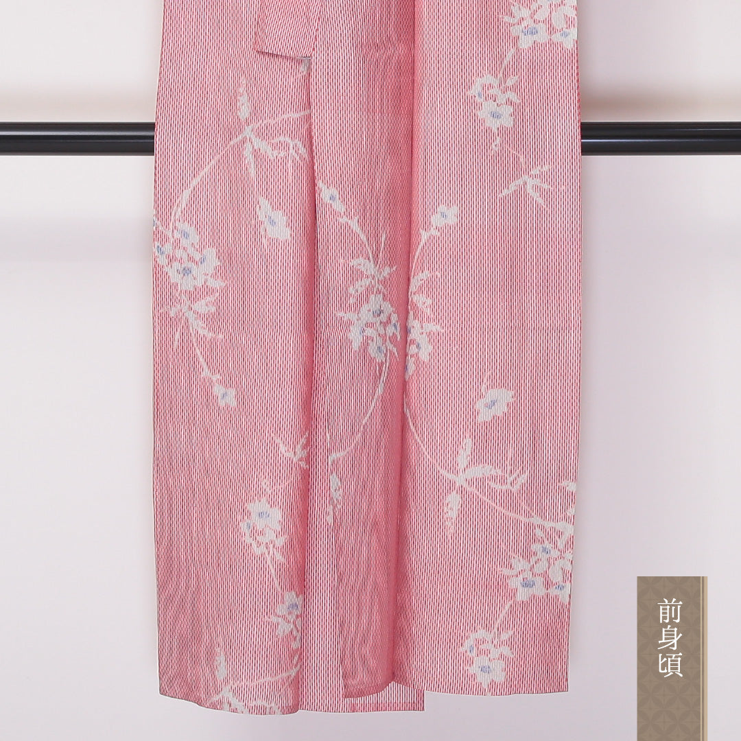 紬 夏紬 身丈140cm 裄62cm 正絹 ボタニカル 赤系 Bランク 1216-00976